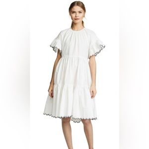 Ulla Johnson White Tiered Cotton Dress with Black Trim
